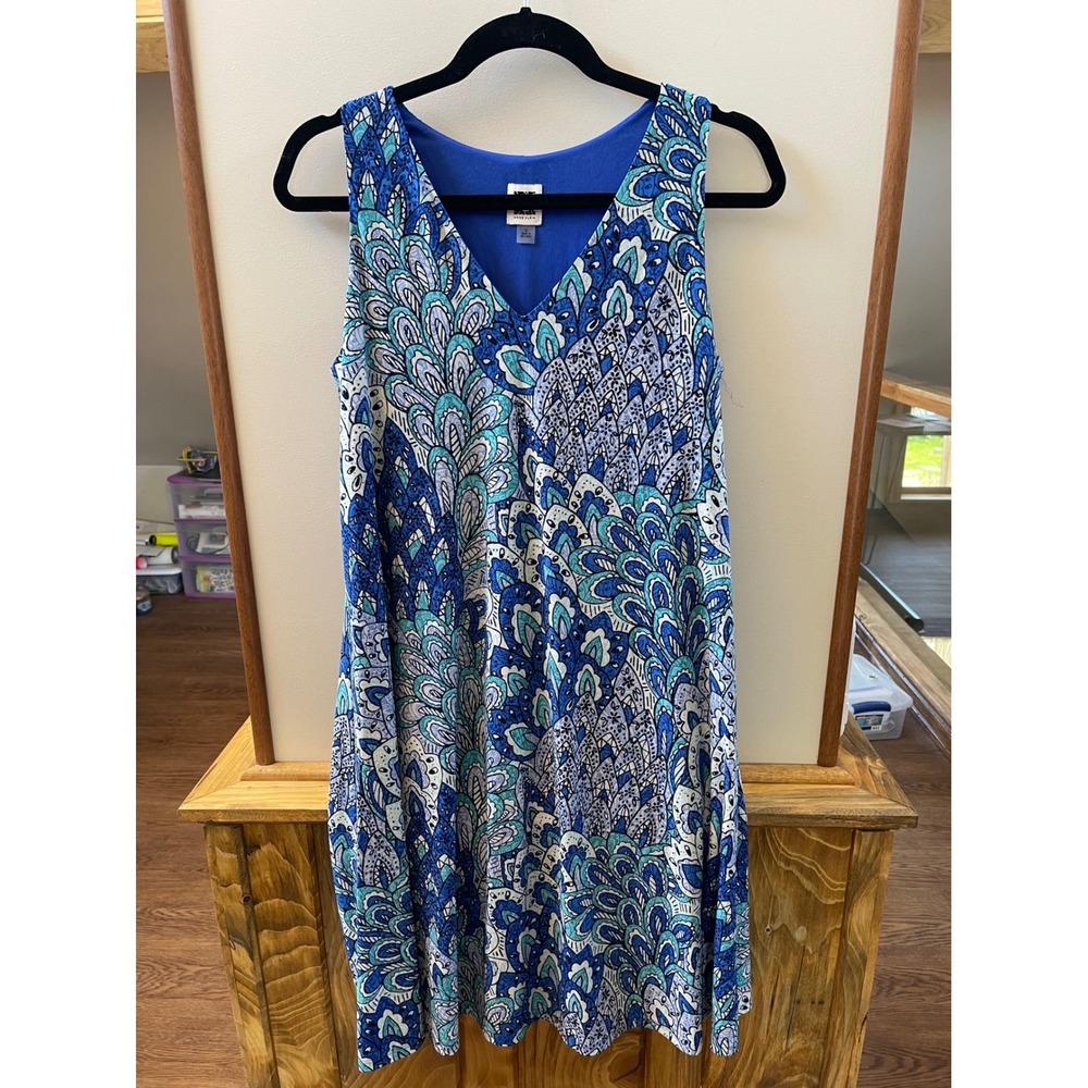 Anne Klein Women Blue Peacock Paisley Print Sleeveless V-Neck Shift Dress Size 4